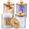 4-Pack-Qtip-Holder-Dispenser-with-Bamboo-Lids-10-oz-Clear-Plastic-Apothecary-Jar-Containers-for-Vanity-Makeup-Organizer-Storage-Bathroom-Accessories-Set-for-Cotton-Swab-Ball-Pads-Floss-0