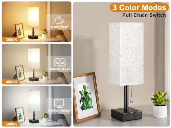 Bedside-Table-Lamp-with-3-Color-Temperatures-300040005000K-Small-Lamp-with-USB-CA-Ports-Nightstand-Lamp-with-3-Color-Modes-by-Pull-Chain-Bedroom-Lamp-for-Living-Read-WorkLED-Bulb-Included-0-0