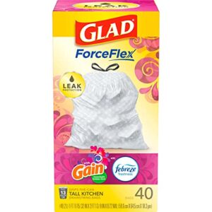Glad Tall Kitchen Quick-Tie Trash Bags, OdorShield 13 Gallon White Trash Bag, Gain Moonlight Breeze with Febreze Freshness, 40 Count
