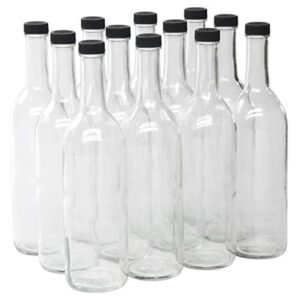 North Mountain Supply 750ml Clear Glass Bordeaux Wine Bottle Flat-Bottomed Screw-Top Finish - with 28mm Black Plastic Lids - Case of 12
