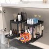 POUGNY-2PC-Under-Sink-Organizer-Rack-2-Tier-Under-Sliding-Cabinet-Basket-Organizer-Drawer-with-4-Hooks-Multi-purpose-Under-Sink-Storage-for-Bathroom-Kitchen-DesktopBlack-0-2